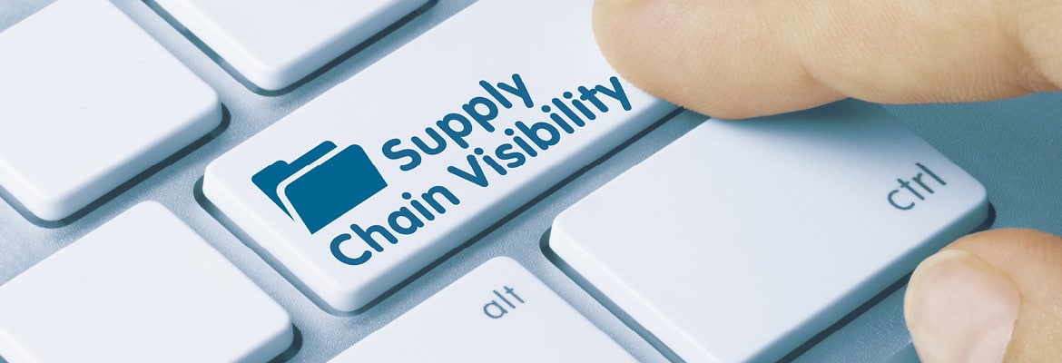 Finger pointing to computer key that reads "supply chain visibility."