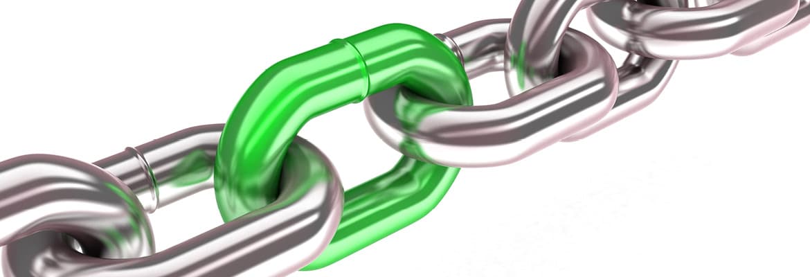 Silver chain links held together by one green link.