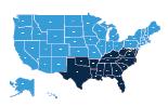 Map of the United States with the southern states highlighted.