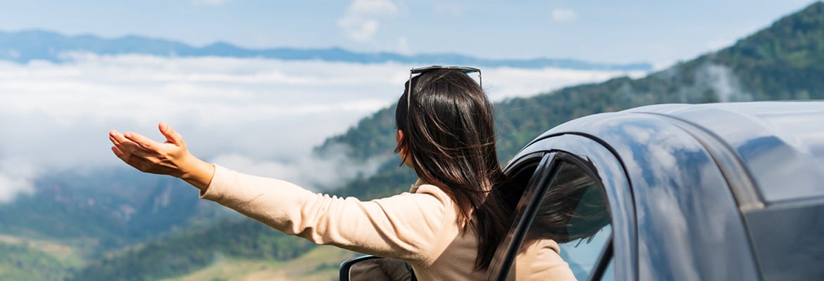 Photo of a woman leaning out of a car window in front of a scenic landscape.