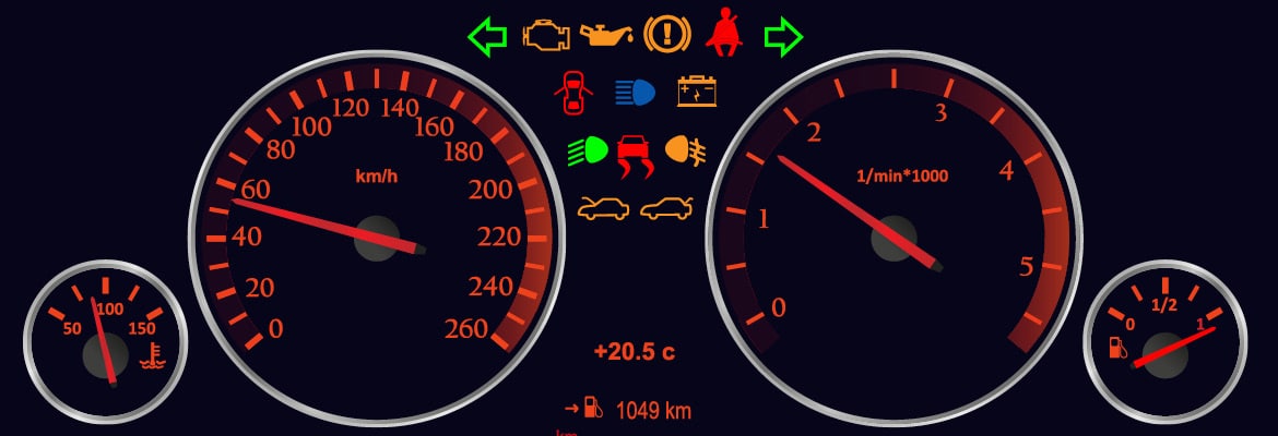 Picture of a car's dashboard with several warning lights lit up.