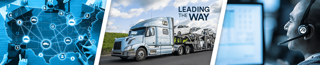 Image collage of a map of the united states, a car hauling truck, and a person speaking on a headset