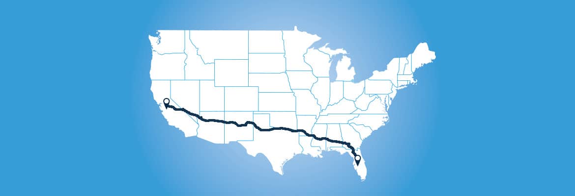 A map of the United States with a line drawn between California and Florida.