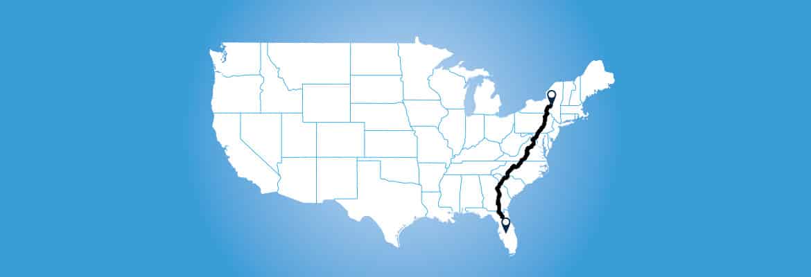 Map of the United States with a route from Florida to New York.