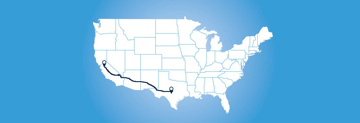 Graphic of the United States with a GPS pin in California and a line traveling to Texas.