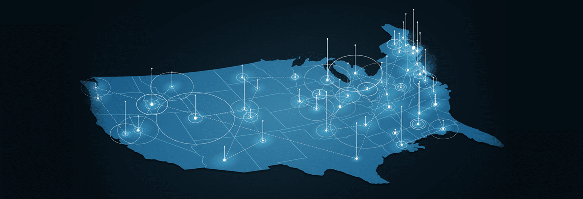 Stylized map of the United States with outlines of travel routes and states.