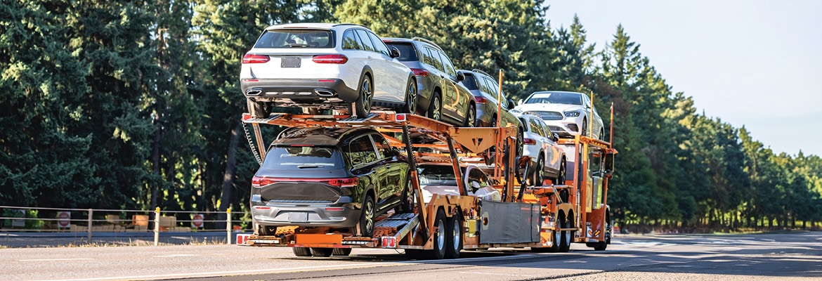 A variety of cars on an open trailer traveling on a woodsy road