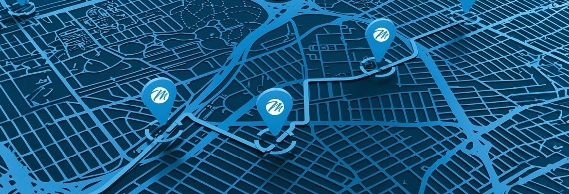 Modern-looking map with GPS pins in 3 locations