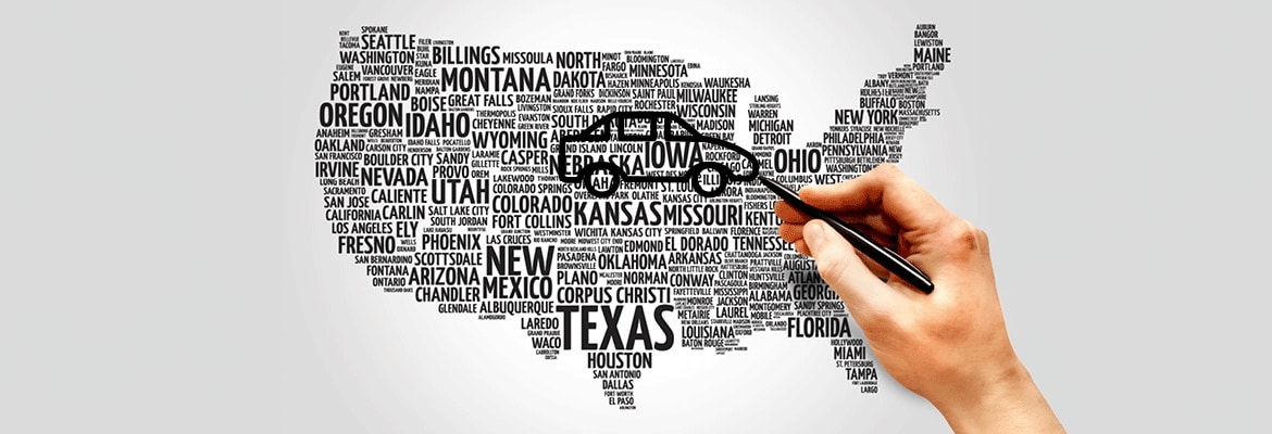 Map of the United States with state and city names along with a marker drawing of a car on it.