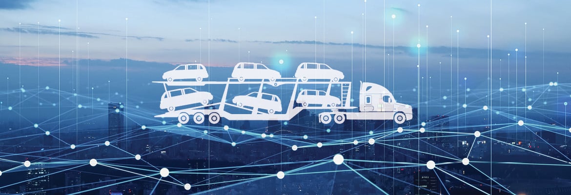 Techy city skyline and map with drawing of an open car carrier