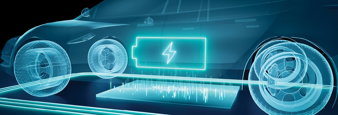 High-tech visual of an electric car with the battery icon glowing as if being charged