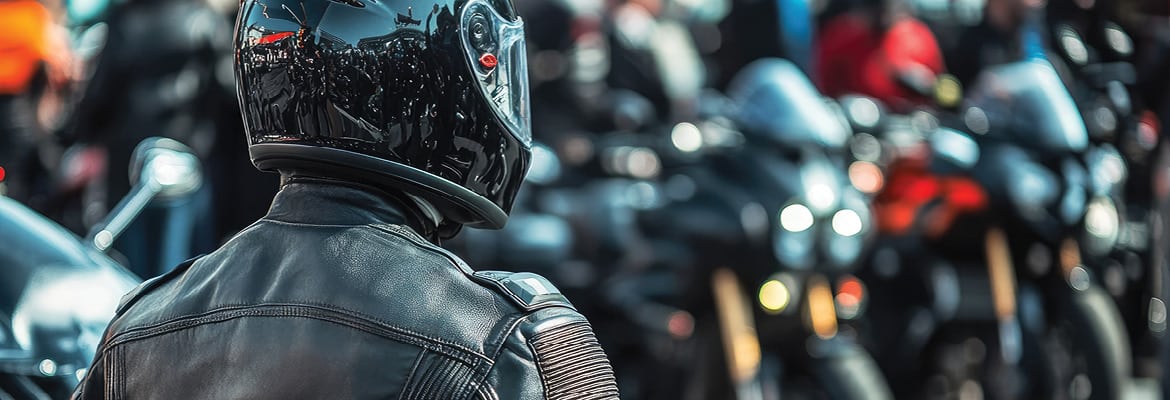 Back of a person in motorcycle gear in front of a line of motorcycles