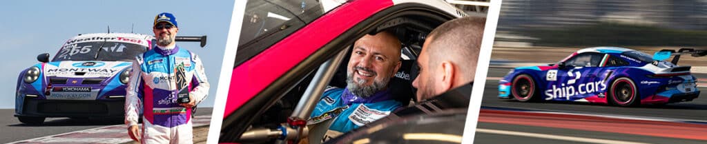 Images of race car driver Mike Mim with his Porsche.
