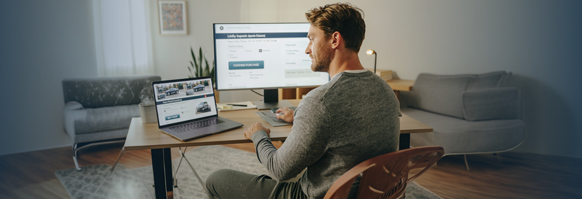 Man sitting at his desk purchasing an out of state vehicle