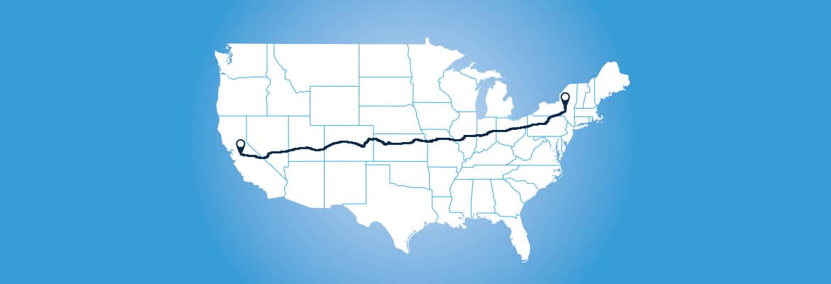 US map with car shipping route from New York to California