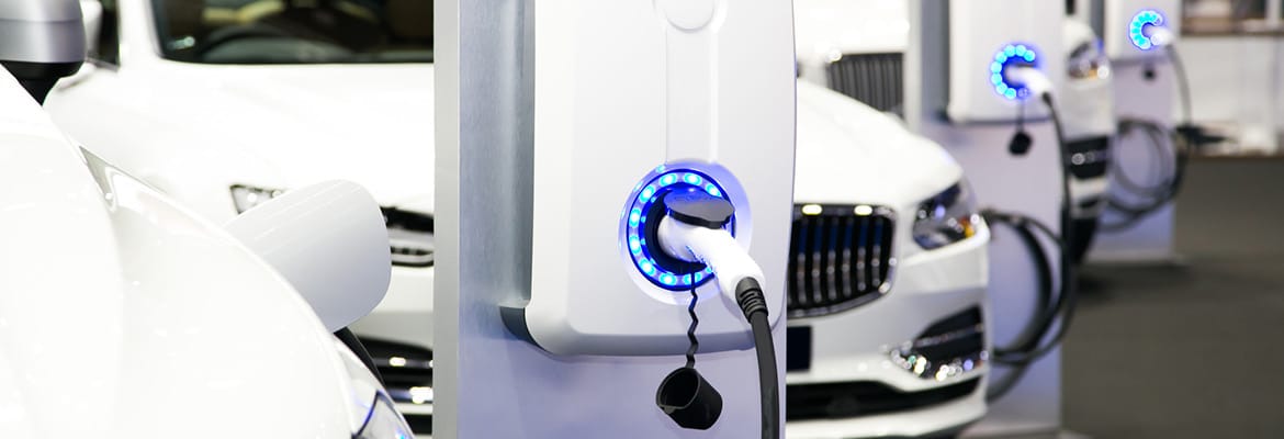 Rows of EV charging stations for fleet electrification.