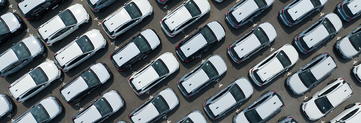 Aerial view of rental fleet parking lot.