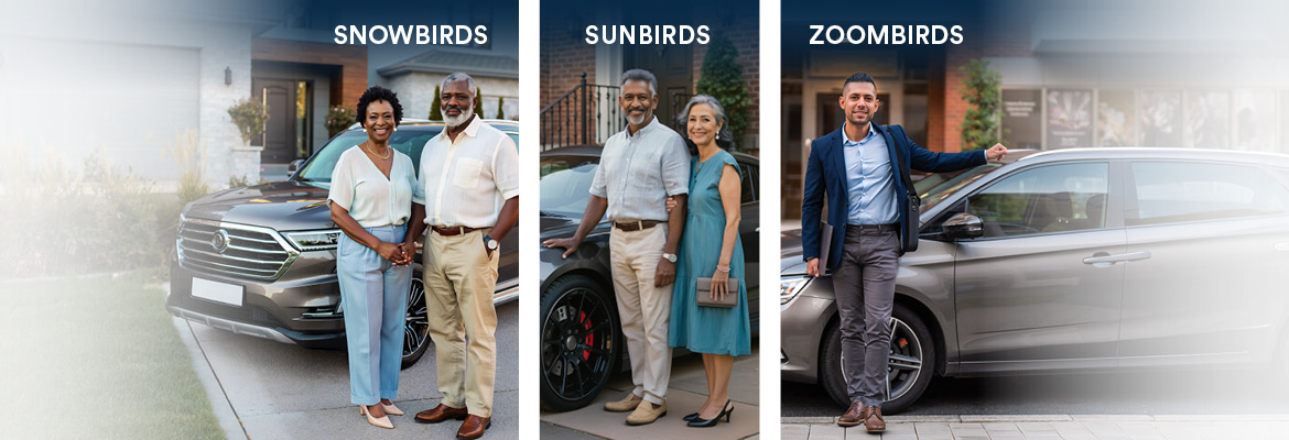 Three side-by-side images depicting snowbirds, sunbirds and zoombirds, with people next to their cars