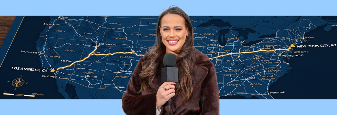 Bridget Condon with map of US pinpointing move from LA to NY