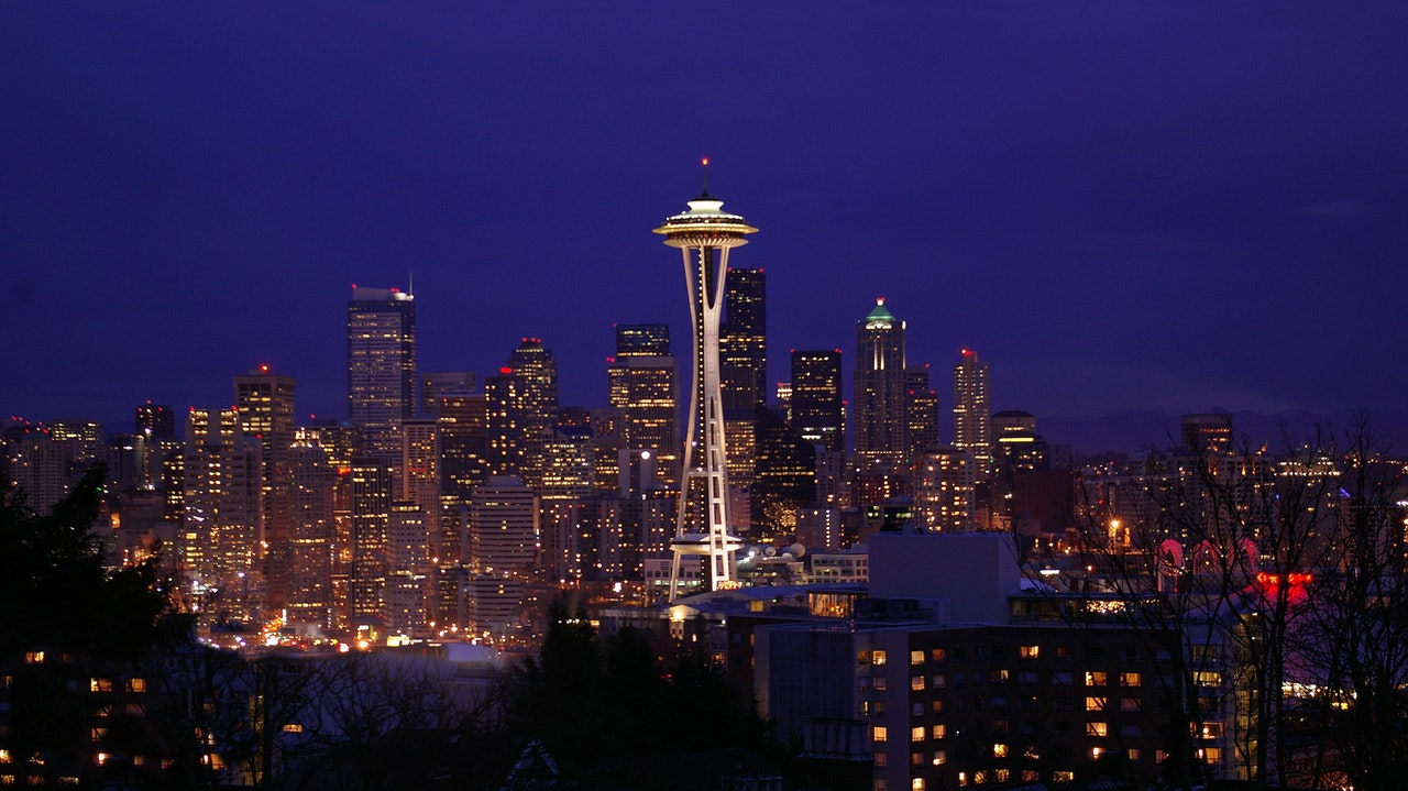 Seattle skyline at night.
