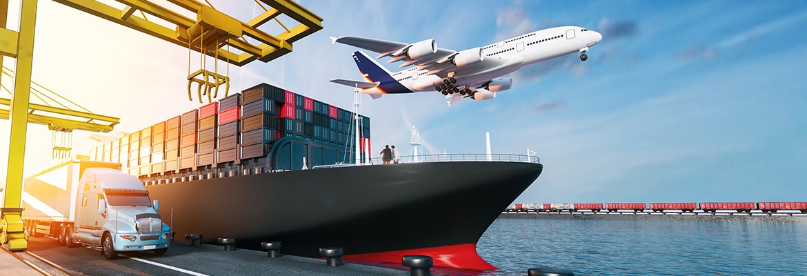 Cars being shipped via truck, ship and airplane.
