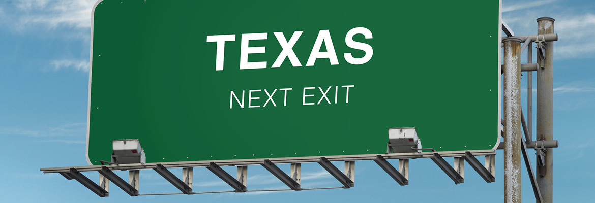 A green road sign that says Texas exit now.