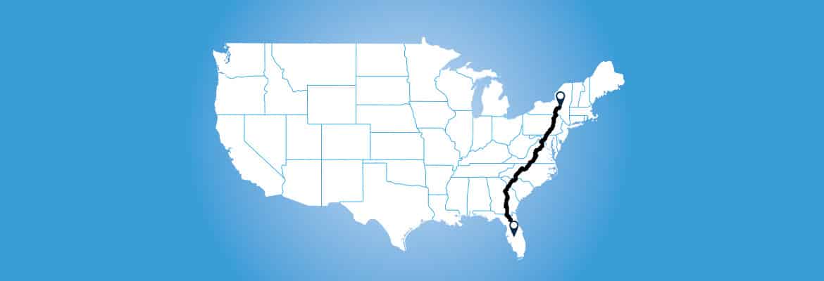 US map with car shipping route from Florida to New York.