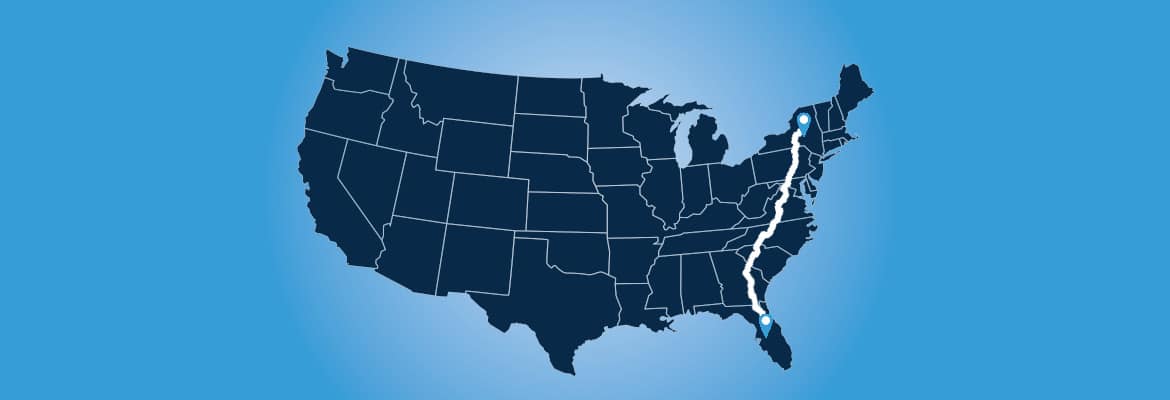 US map with car shipping route from New York to Florida.