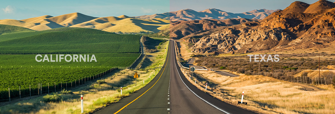 view of road with california green grass on left and texas dirt hills on right